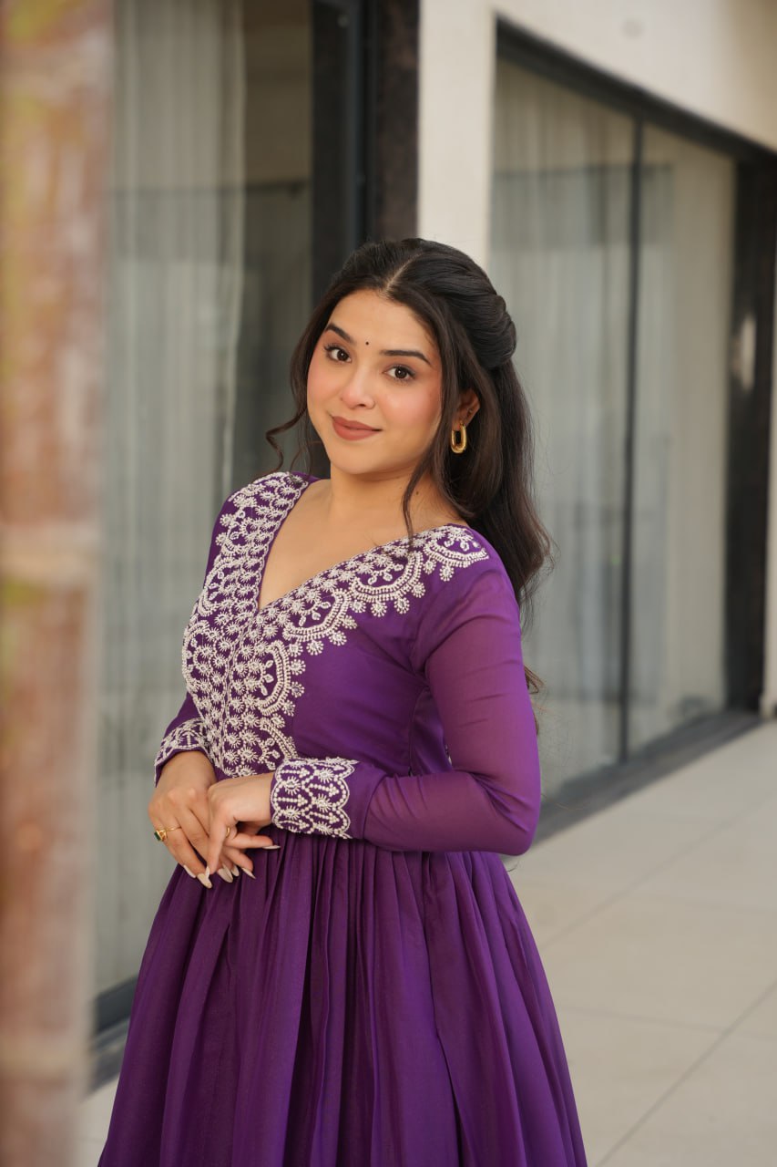 Purple Elegant Embroidered Star Georgette Gown – Double Flair & Designer V Neck ClothsVilla