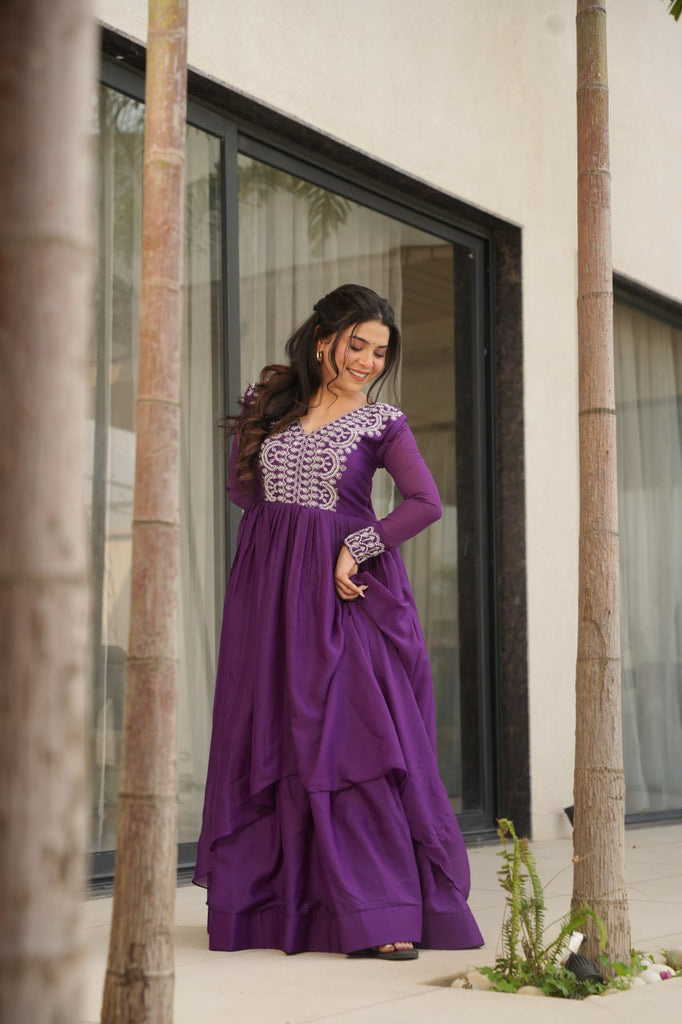 Purple Elegant Embroidered Star Georgette Gown – Double Flair & Designer V Neck ClothsVilla