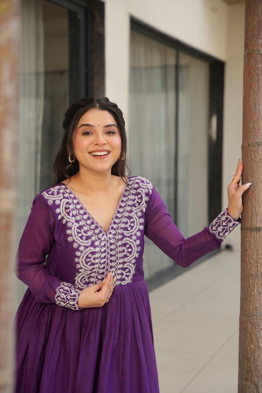 Purple Elegant Embroidered Star Georgette Gown – Double Flair & Designer V Neck ClothsVilla