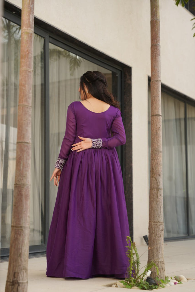 Purple Elegant Embroidered Star Georgette Gown – Double Flair & Designer V Neck ClothsVilla