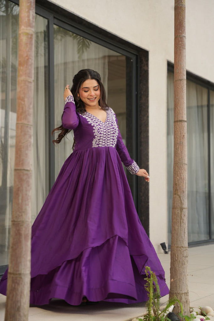 Purple Elegant Embroidered Star Georgette Gown – Double Flair & Designer V Neck ClothsVilla