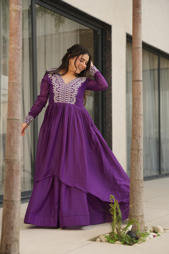 Purple Elegant Embroidered Star Georgette Gown – Double Flair & Designer V Neck ClothsVilla