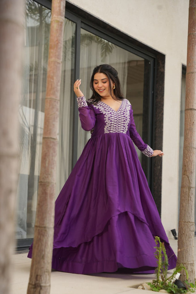 Purple Elegant Embroidered Star Georgette Gown – Double Flair & Designer V Neck ClothsVilla