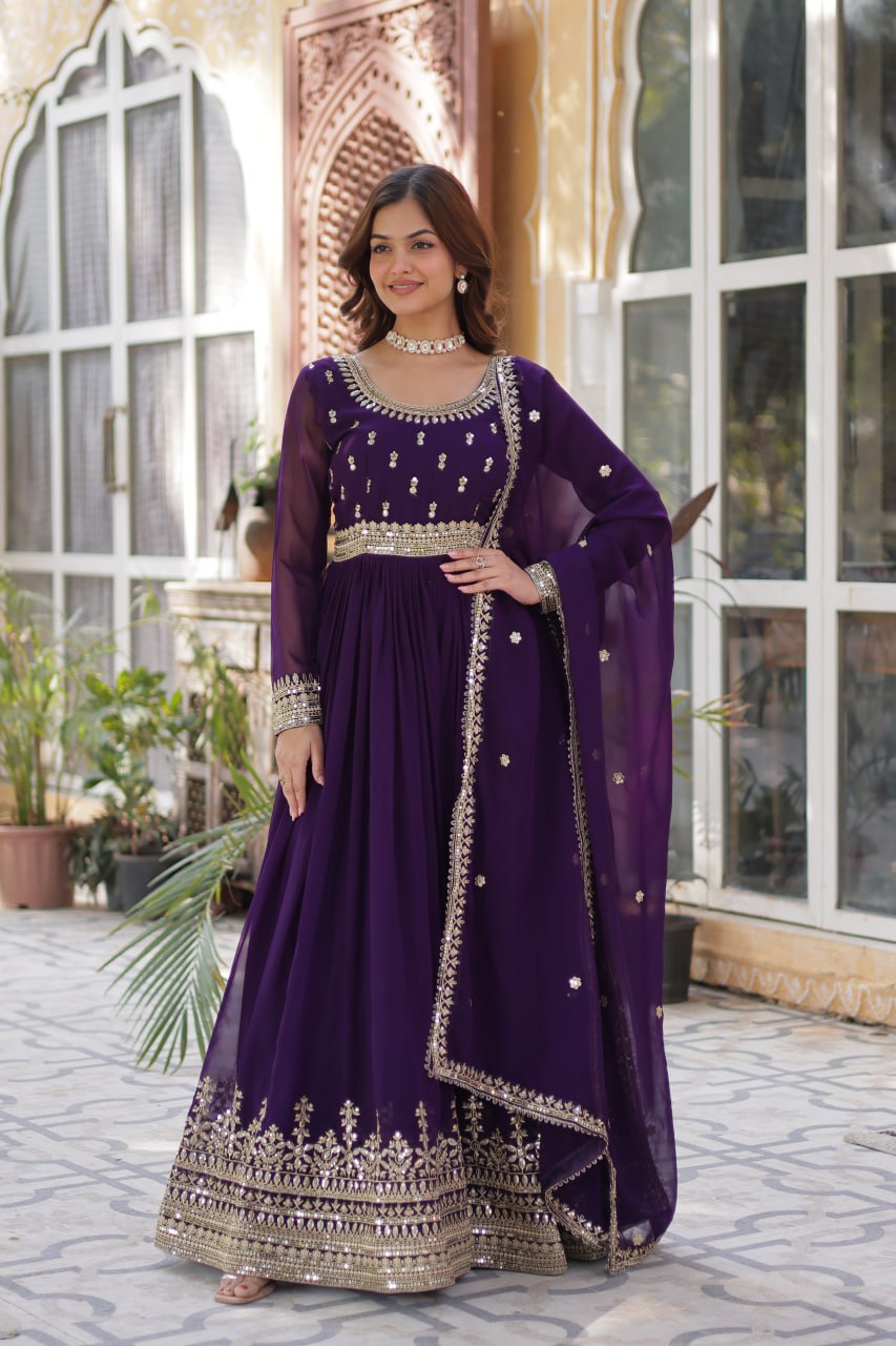 Purple Elegant Faux Blooming Embroidered Gown with Dupatta