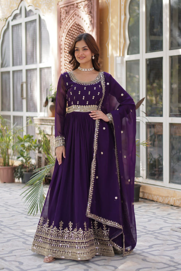 Purple Elegant Faux Blooming Embroidered Gown with Dupatta