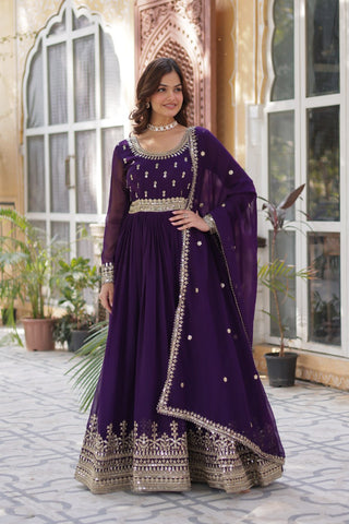 Purple Elegant Faux Blooming Embroidered Gown with Dupatta