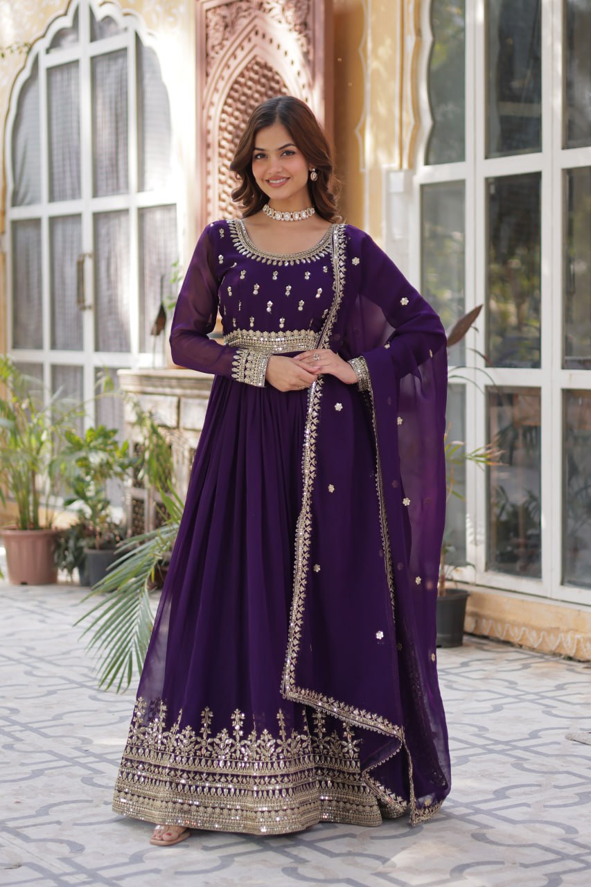 Purple Elegant Faux Blooming Embroidered Gown with Dupatta
