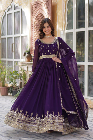Purple Elegant Faux Blooming Embroidered Gown with Dupatta