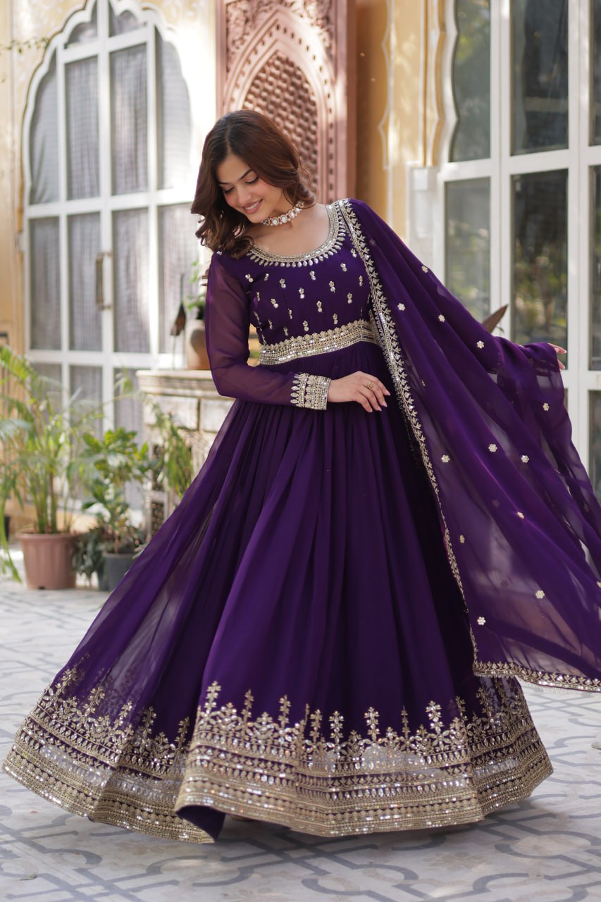 Purple Elegant Faux Blooming Embroidered Gown with Dupatta
