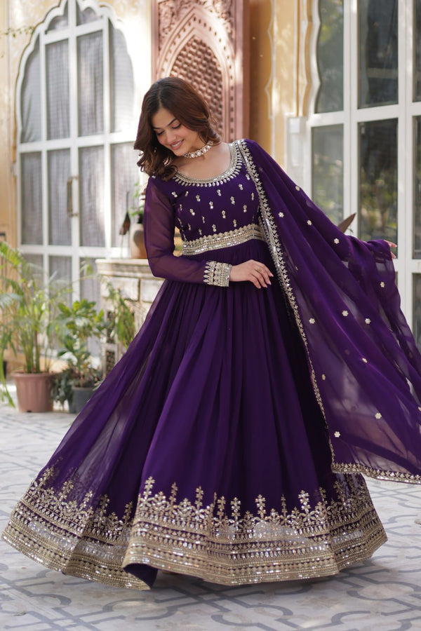 Purple Elegant Faux Blooming Embroidered Gown with Dupatta