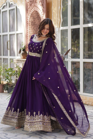 Purple Elegant Faux Blooming Embroidered Gown with Dupatta