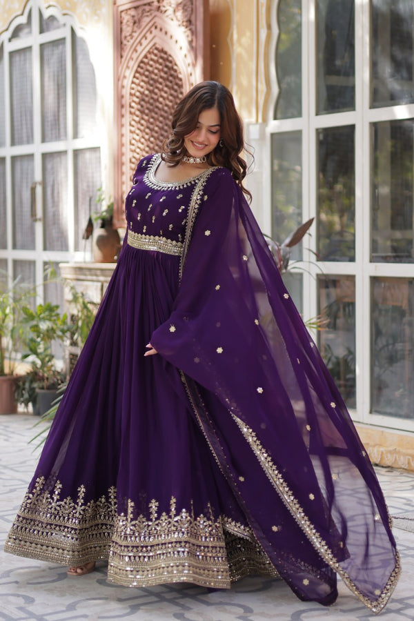 Purple Elegant Faux Blooming Embroidered Gown with Dupatta