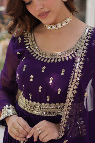 Purple Elegant Faux Blooming Embroidered Gown with Dupatta