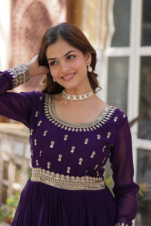 Purple Elegant Faux Blooming Embroidered Gown with Dupatta
