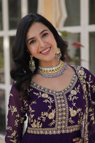 Purple Elegant Faux Blooming Embroidered Gown with Sequins & Zari Work ClothsVilla