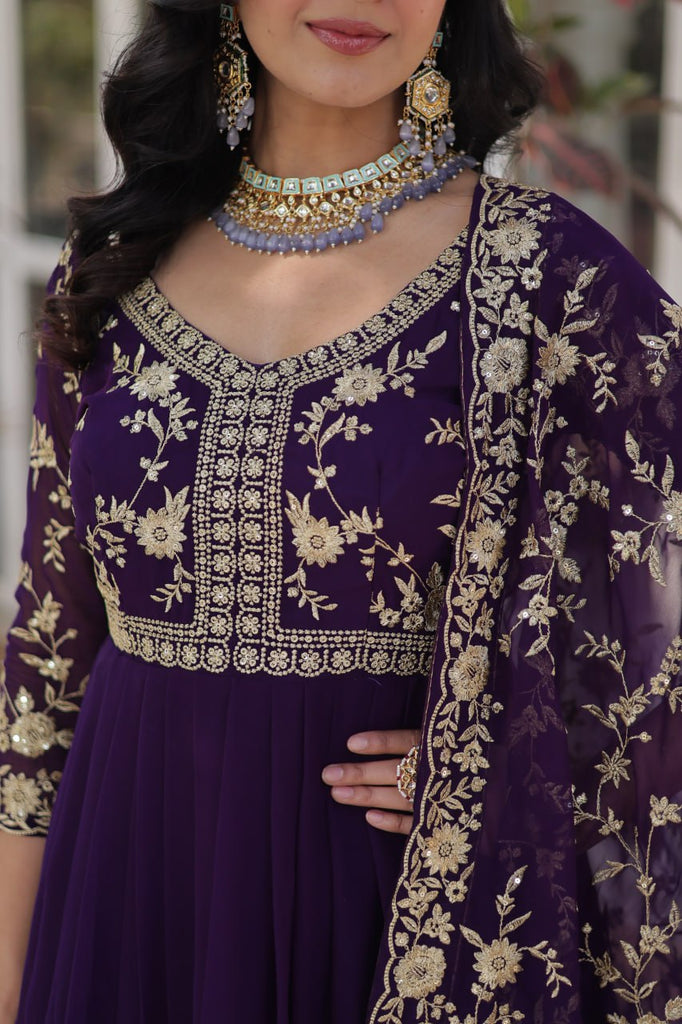 Purple Elegant Faux Blooming Embroidered Gown with Sequins & Zari Work ClothsVilla
