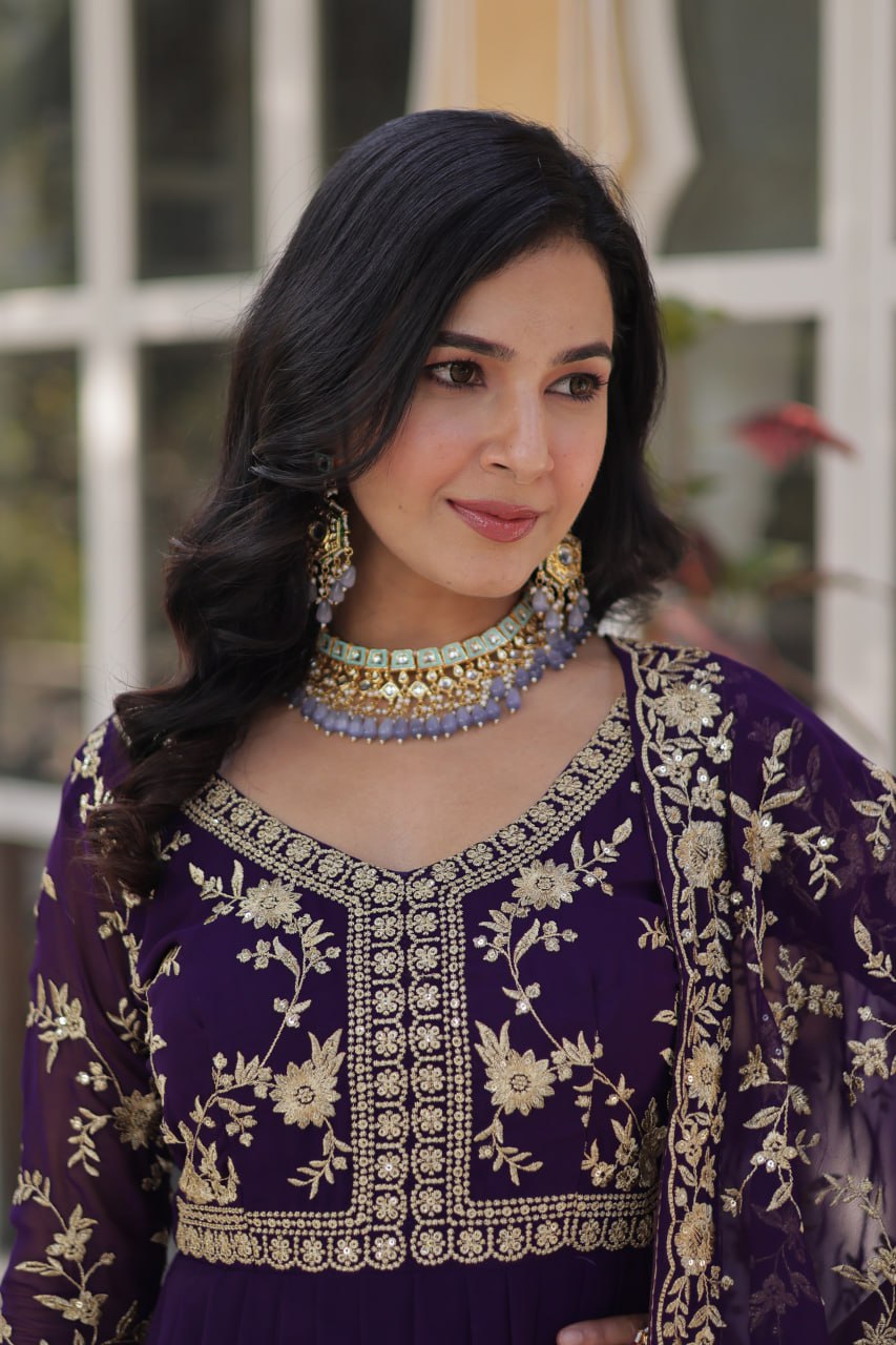 Purple Elegant Faux Blooming Embroidered Gown with Sequins & Zari Work ClothsVilla