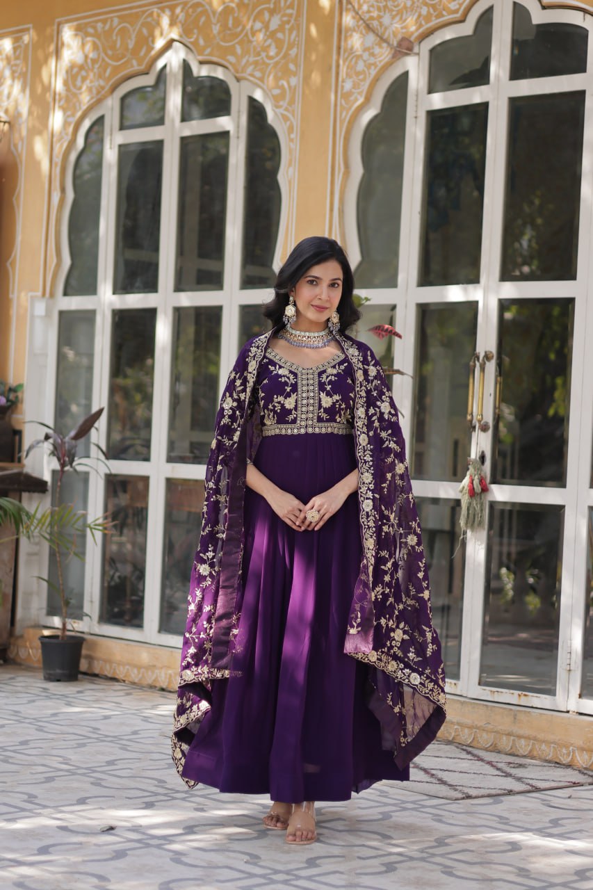 Purple Elegant Faux Blooming Embroidered Gown with Sequins & Zari Work ClothsVilla