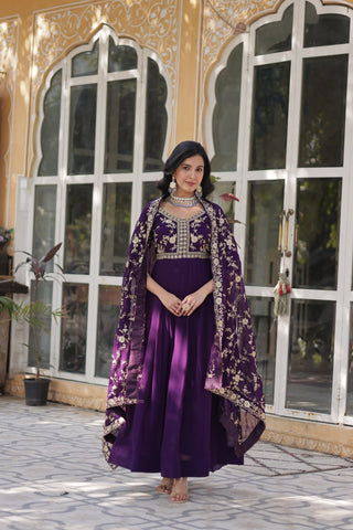 Purple Elegant Faux Blooming Embroidered Gown with Sequins & Zari Work ClothsVilla