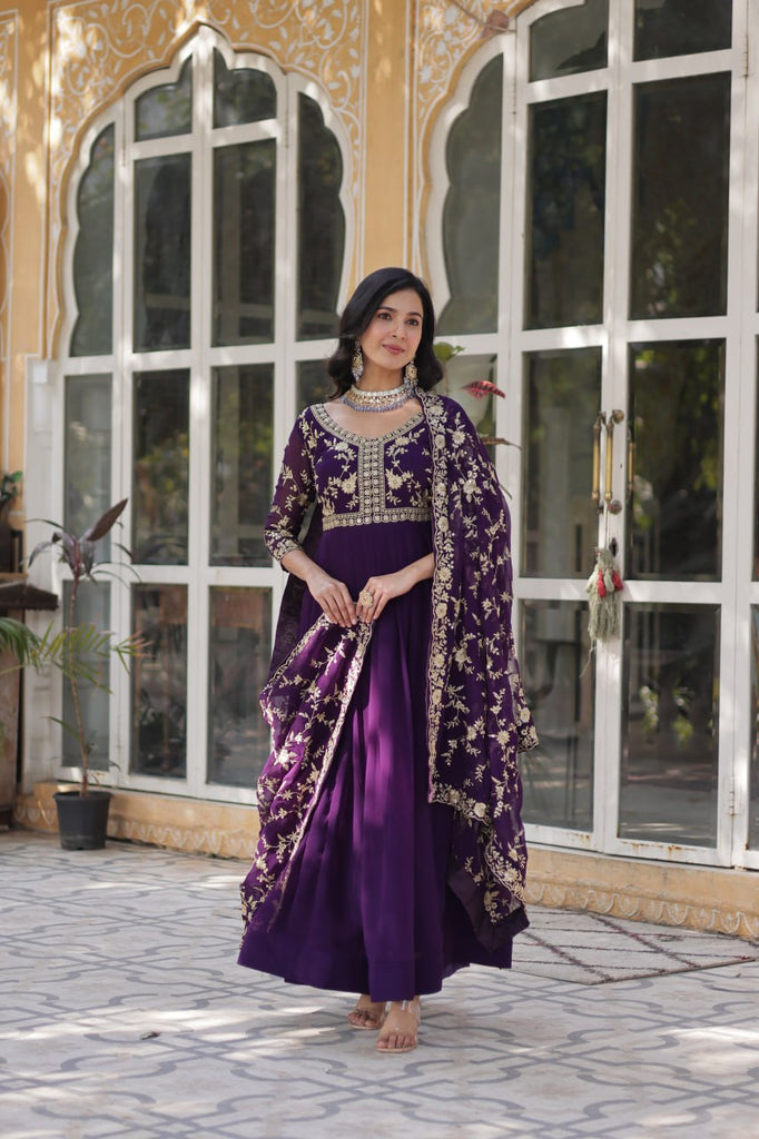 Purple Elegant Faux Blooming Embroidered Gown with Sequins & Zari Work ClothsVilla