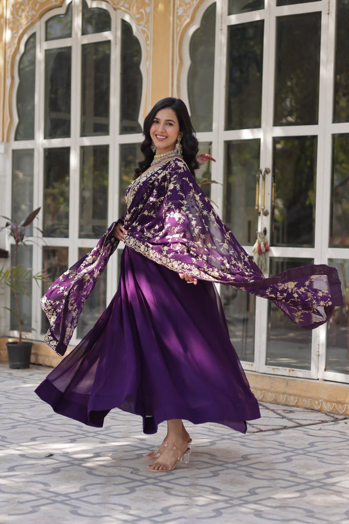 Purple Elegant Faux Blooming Embroidered Gown with Sequins & Zari Work ClothsVilla