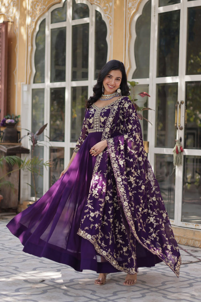 Purple Elegant Faux Blooming Embroidered Gown with Sequins & Zari Work ClothsVilla