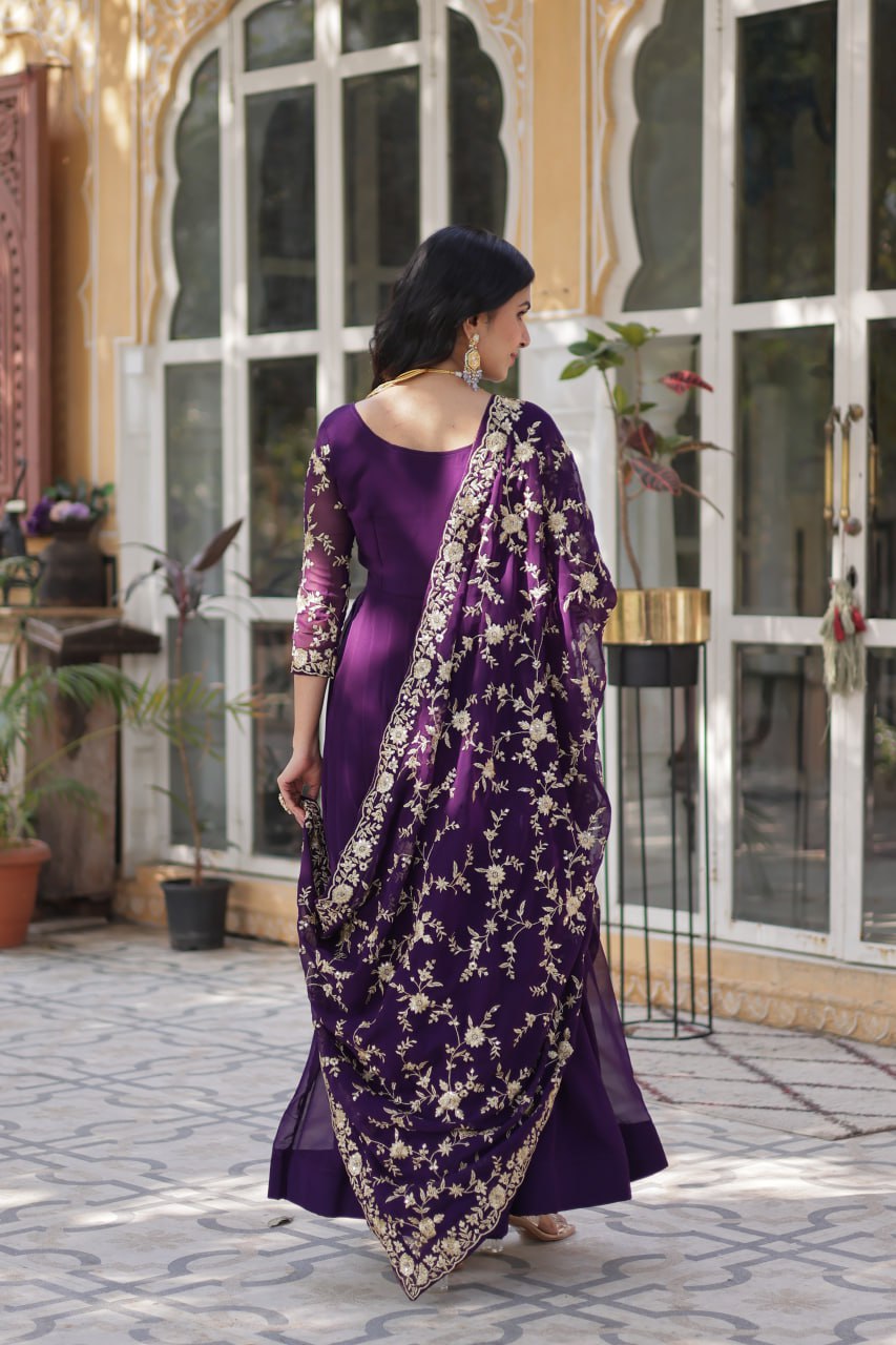 Purple Elegant Faux Blooming Embroidered Gown with Sequins & Zari Work ClothsVilla