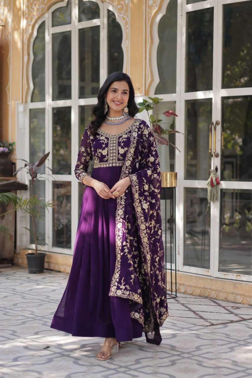 Purple Elegant Faux Blooming Embroidered Gown with Sequins & Zari Work ClothsVilla Main image