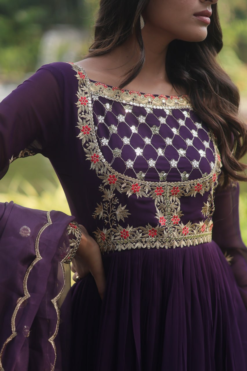 Purple Elegant Faux Blooming Gown with Embroidered Sequins Work and Russian Silk Dupatta ClothsVilla