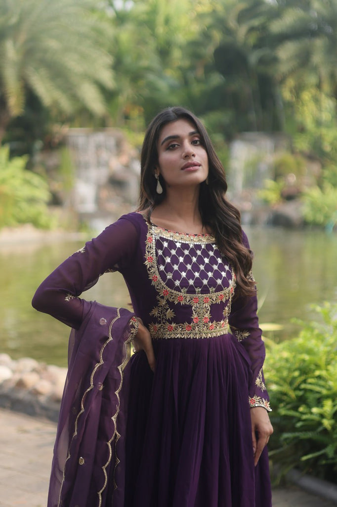 Purple Elegant Faux Blooming Gown with Embroidered Sequins Work and Russian Silk Dupatta ClothsVilla