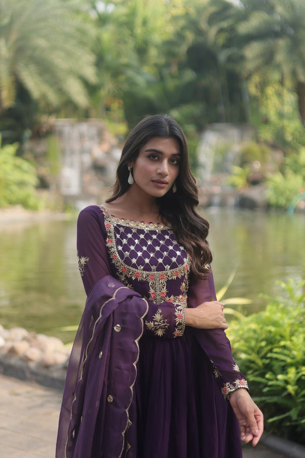 Purple Elegant Faux Blooming Gown with Embroidered Sequins Work and Russian Silk Dupatta ClothsVilla