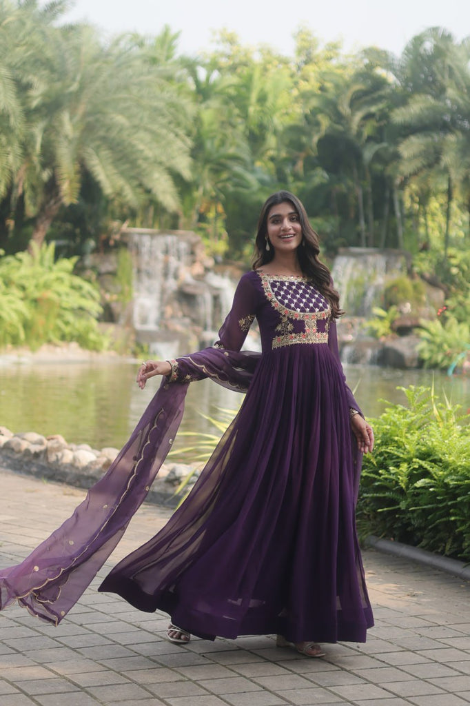 Purple Elegant Faux Blooming Gown with Embroidered Sequins Work and Russian Silk Dupatta ClothsVilla