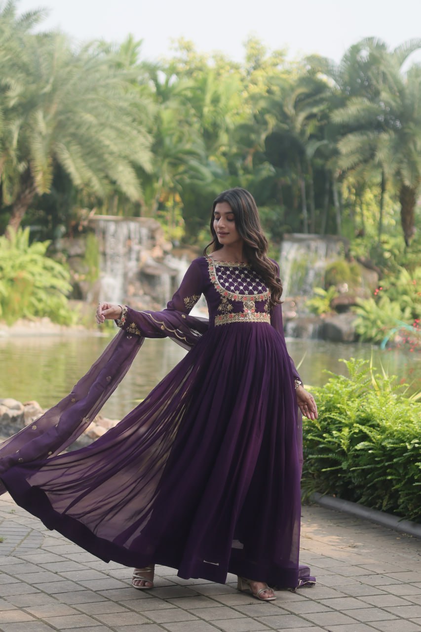 Purple Elegant Faux Blooming Gown with Embroidered Sequins Work and Russian Silk Dupatta ClothsVilla