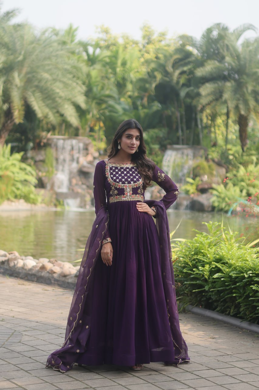 Purple Elegant Faux Blooming Gown with Embroidered Sequins Work and Russian Silk Dupatta ClothsVilla