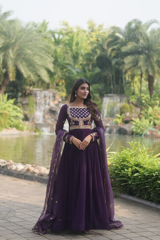 Purple Elegant Faux Blooming Gown with Embroidered Sequins Work and Russian Silk Dupatta ClothsVilla