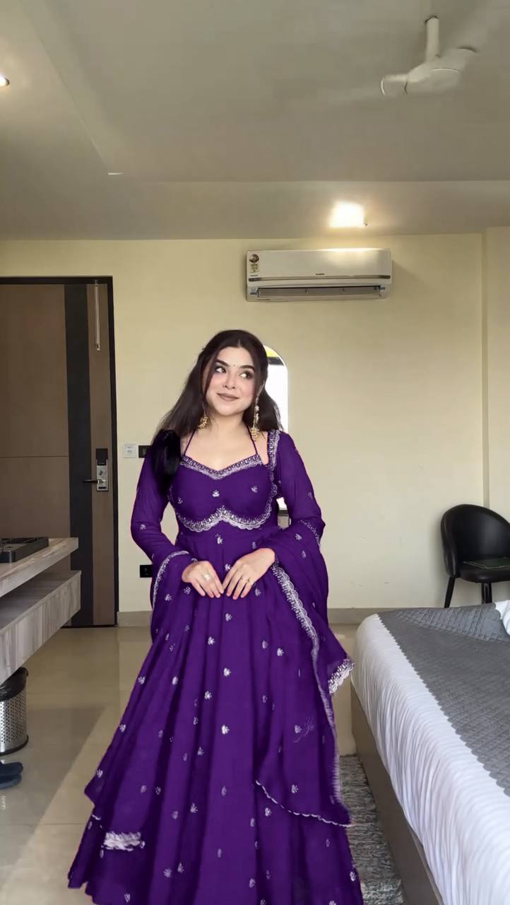 Purple Elegant Faux Georgette Anarkali Set with Thread & Sequin Work, Paired with Comfortable Pant & Lace-Detailed Dupatta ClothsVilla