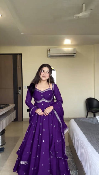 Purple Elegant Faux Georgette Anarkali Set with Thread & Sequin Work, Paired with Comfortable Pant & Lace-Detailed Dupatta ClothsVilla