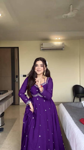Purple Elegant Faux Georgette Anarkali Set with Thread & Sequin Work, Paired with Comfortable Pant & Lace-Detailed Dupatta ClothsVilla