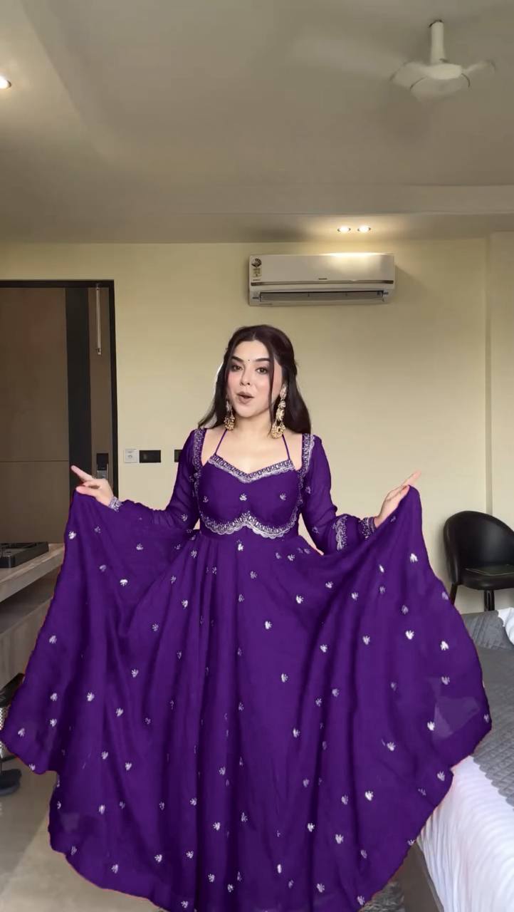 Purple Elegant Faux Georgette Anarkali Set with Thread & Sequin Work, Paired with Comfortable Pant & Lace-Detailed Dupatta ClothsVilla