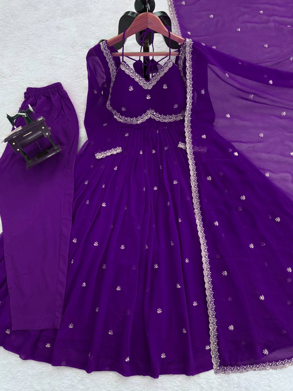 Purple Elegant Faux Georgette Anarkali Set with Thread & Sequin Work, Paired with Comfortable Pant & Lace-Detailed Dupatta ClothsVilla