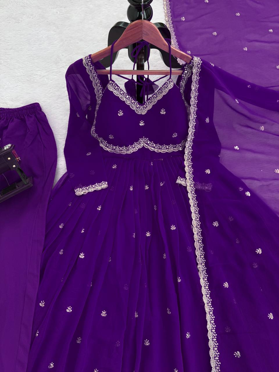Purple Elegant Faux Georgette Anarkali Set with Thread & Sequin Work, Paired with Comfortable Pant & Lace-Detailed Dupatta ClothsVilla