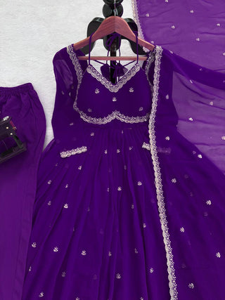Purple Elegant Faux Georgette Anarkali Set with Thread & Sequin Work, Paired with Comfortable Pant & Lace-Detailed Dupatta ClothsVilla