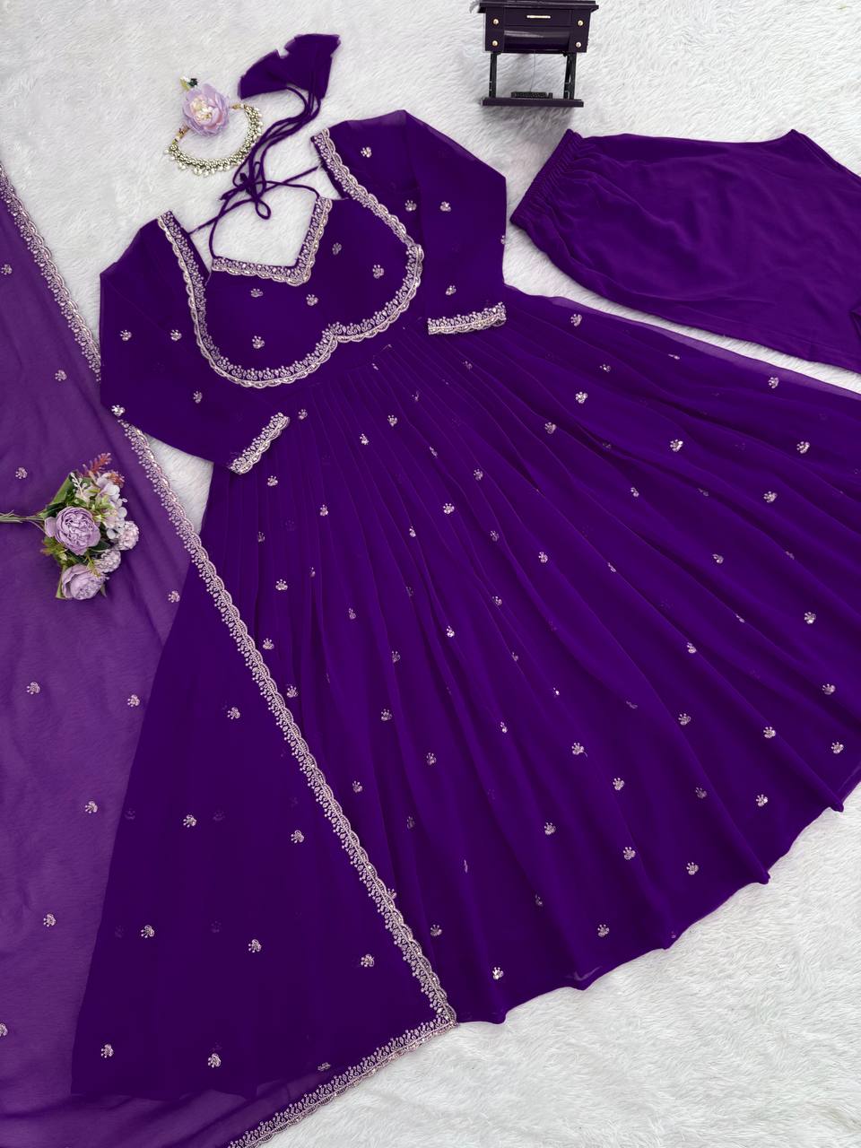 Purple Elegant Faux Georgette Anarkali Set with Thread & Sequin Work, Paired with Comfortable Pant & Lace-Detailed Dupatta ClothsVilla