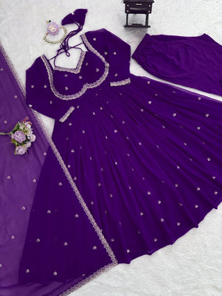 Purple Elegant Faux Georgette Anarkali Set with Thread & Sequin Work, Paired with Comfortable Pant & Lace-Detailed Dupatta ClothsVilla