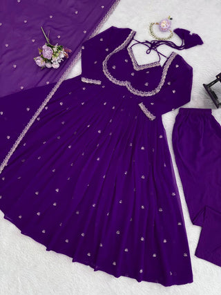 Purple Elegant Faux Georgette Anarkali Set with Thread & Sequin Work, Paired with Comfortable Pant & Lace-Detailed Dupatta ClothsVilla
