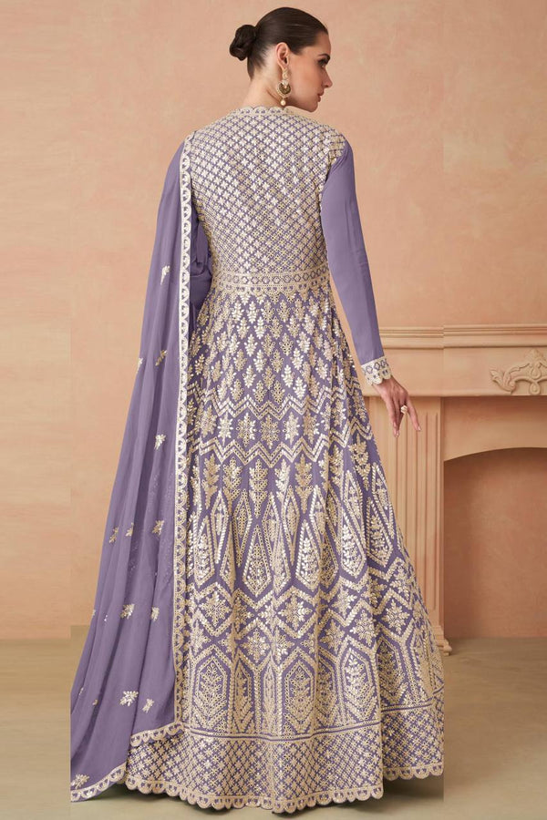 Purple Elegant Faux Georgette Embroidered Suit Set – Full Stitched Elegance ClothsVilla