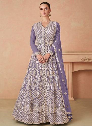 Purple Elegant Faux Georgette Embroidered Suit Set – Full Stitched Elegance ClothsVilla