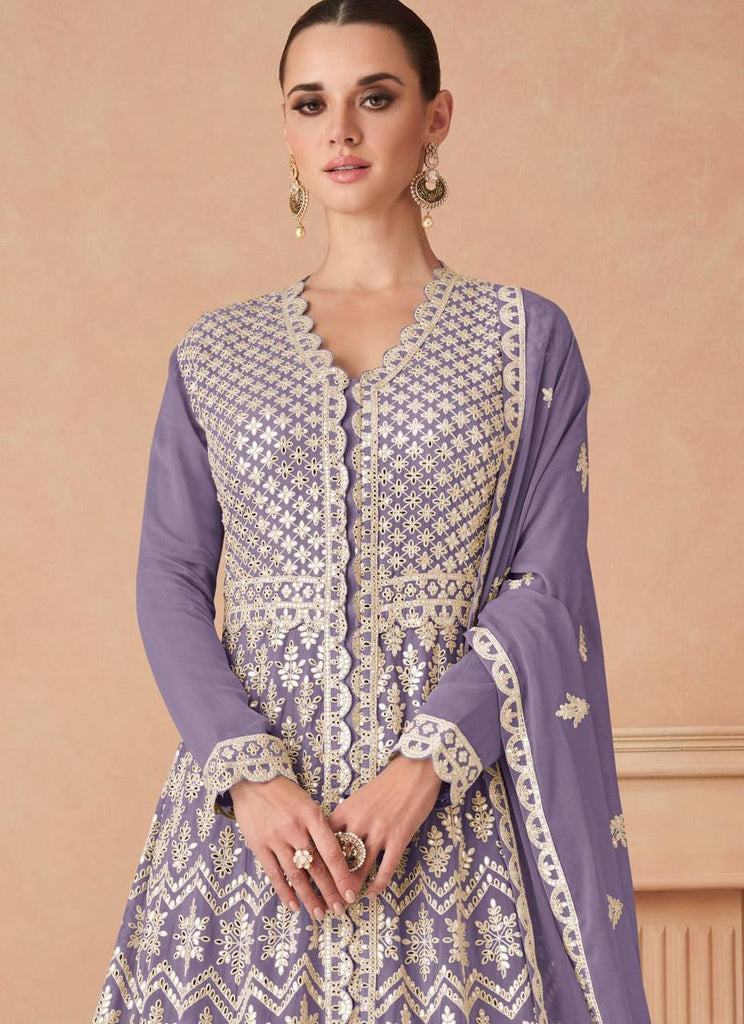 Purple Elegant Faux Georgette Embroidered Suit Set – Full Stitched Elegance ClothsVilla