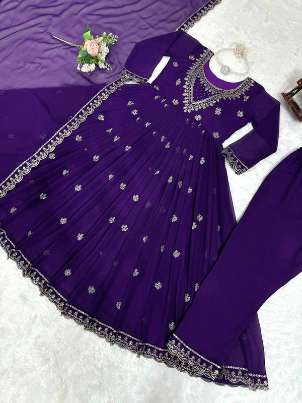 Purple Elegant Faux Georgette Gown Set with Dupatta ClothsVilla.com