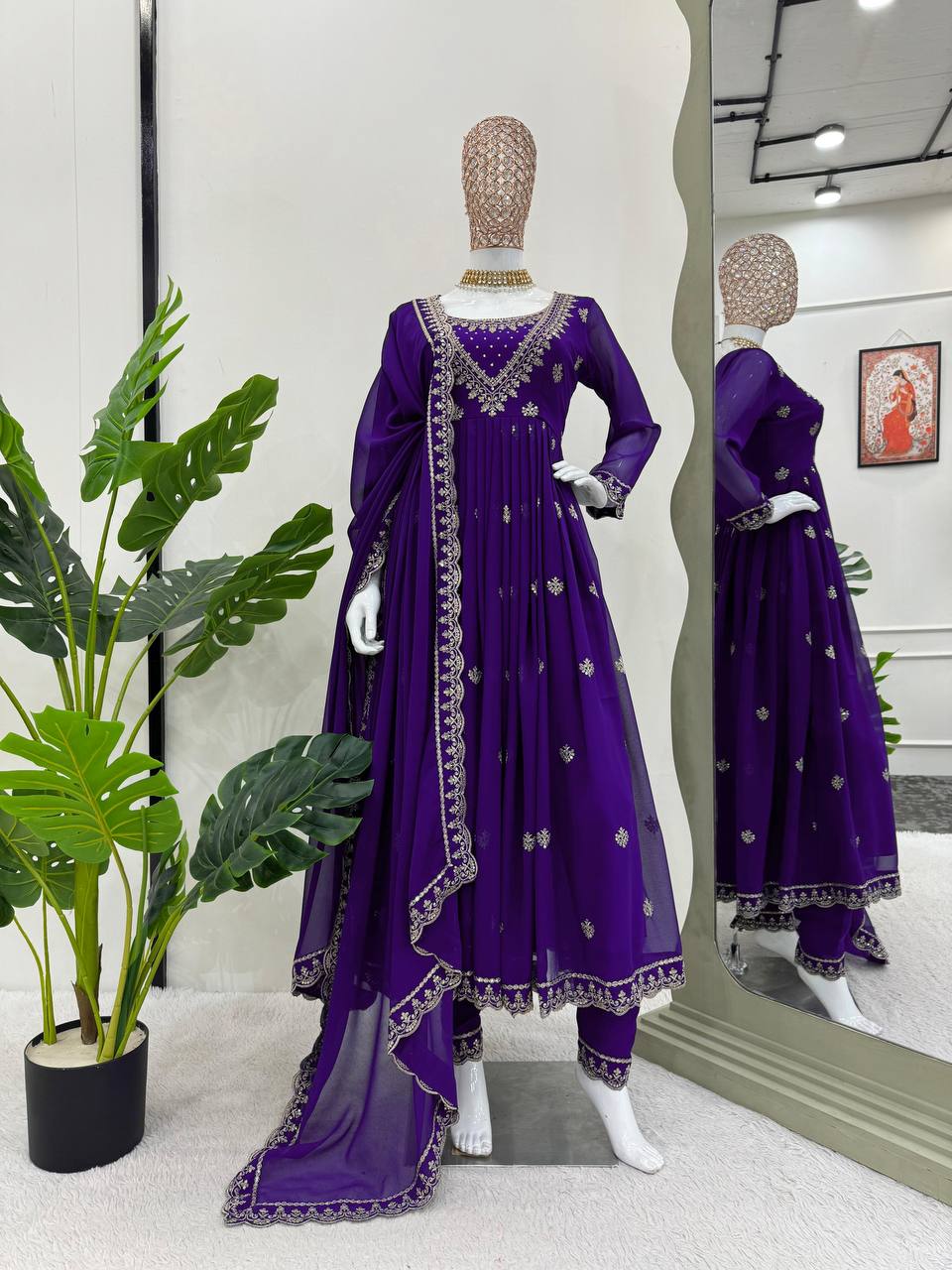 Purple Elegant Faux Georgette Gown Set with Dupatta Secondary image